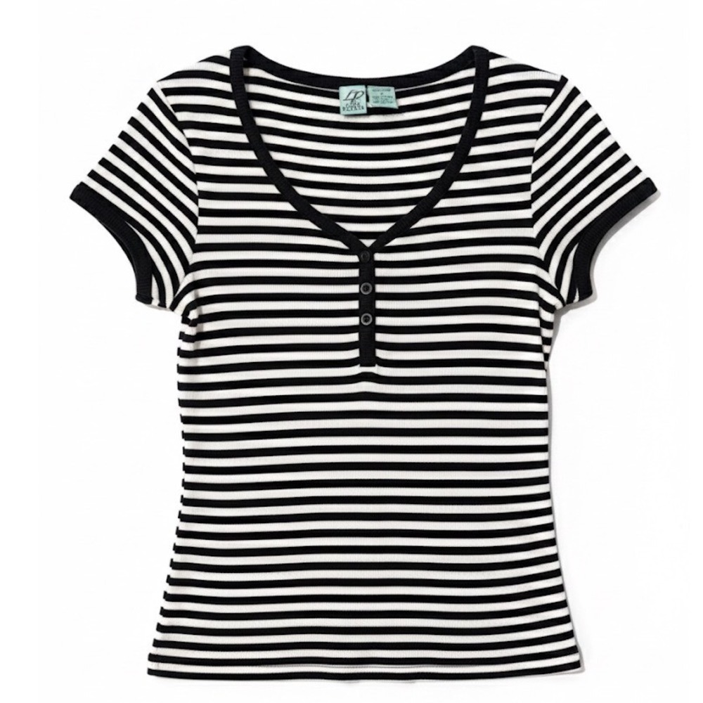 Love Potion Black White Striped V Neck Button Front‎ Short Sleeve Top Sz M Y2K